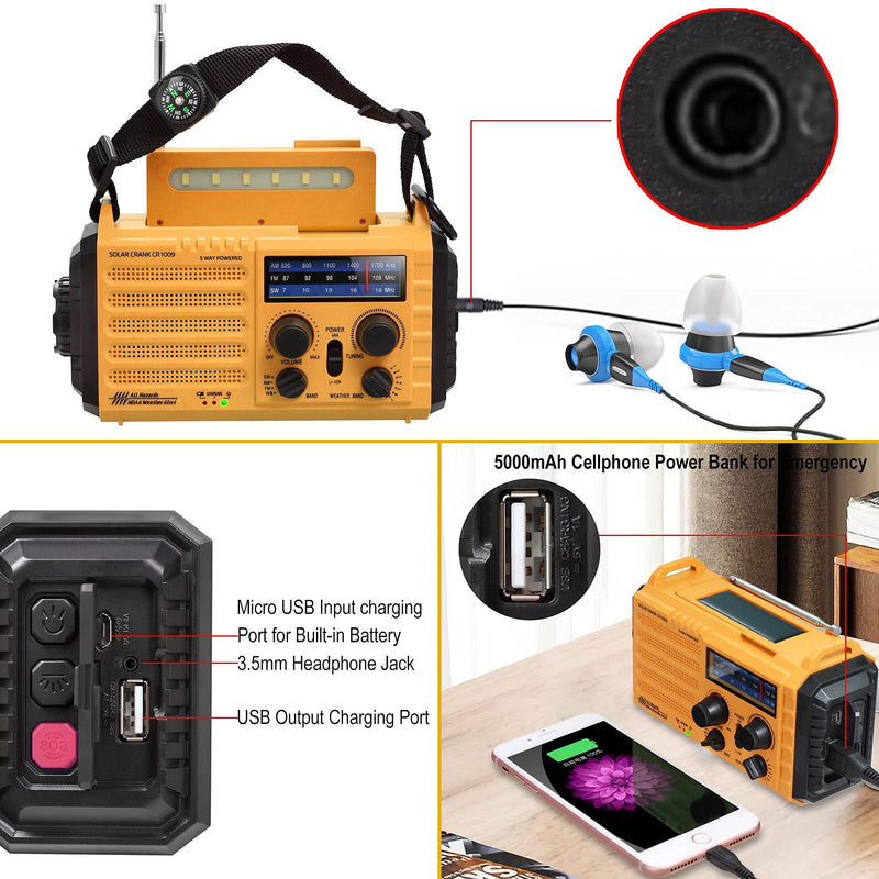 Emergency Radio with NOAA Weather Alert, Rechargeable 5000mAh Battery Operated Solar Hand Crank Radio, Outdoor Portable AM FM SW Radio with USB Charger, Flashlight,Reading Lamp, SOS Alarm for Survival Yellow