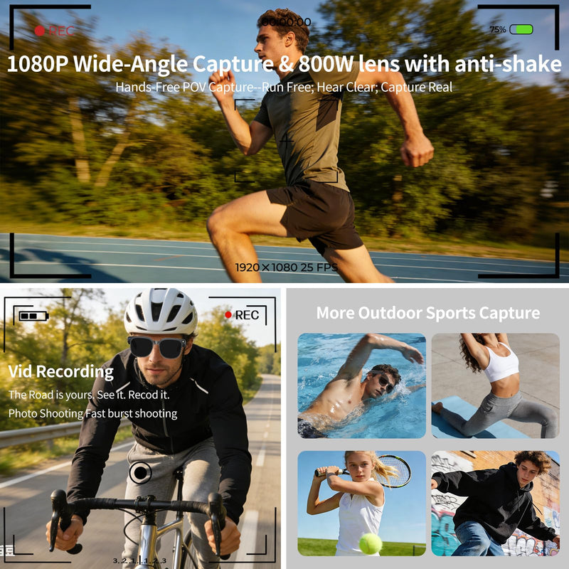 Smart Glasses with Camera, 8MP HD Anti-Shake Camera Glasses, 1080P Video Recording Dual Mic Sunglasses, Real Time Translation, Built-in ChatGPT Voice Assistant, Open-Ear Audio for Travel&Outdoor