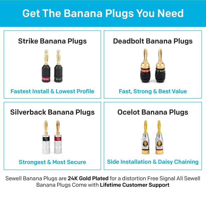 Deadbolt Banana Plugs 6-Pairs by Sewell, Gold Plated Speaker Plugs, Quick Connect, SW-29863-6 6 Pairs Deadbolt Banana Plugs