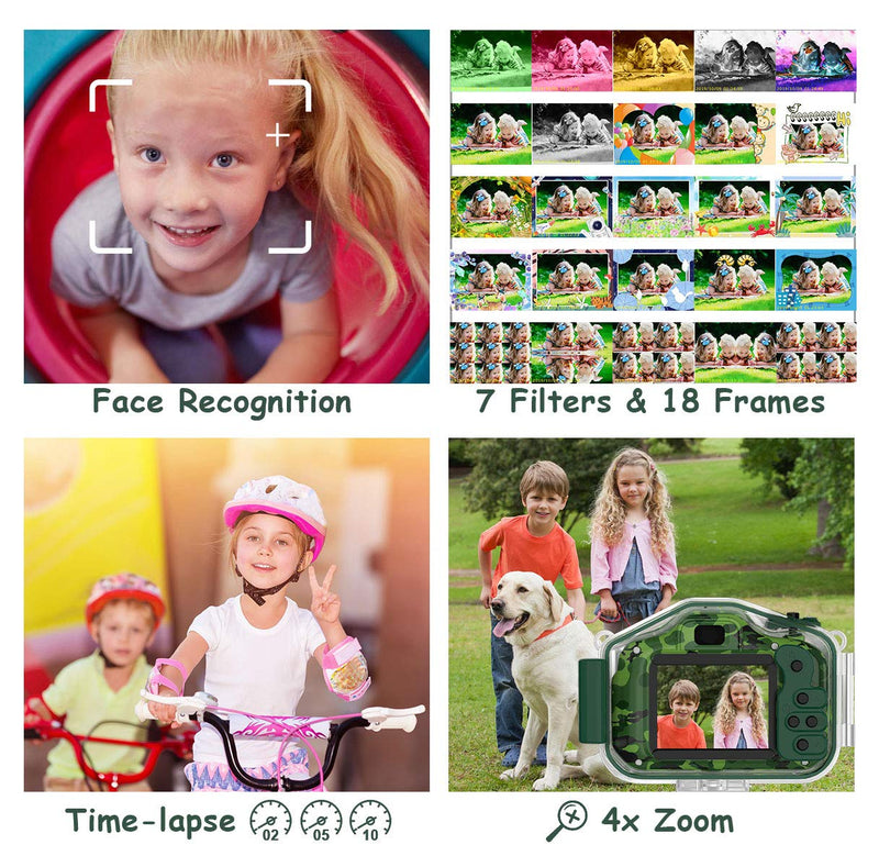 Waterproof Camera for Kids, Christmas Birthday Gifts for Boys Girls 3-12 Year Old, Mini HD Toddler Digital Video Children Travel Camcorder, 2 Inch IPS Screen with 32GB Card (Green) Green