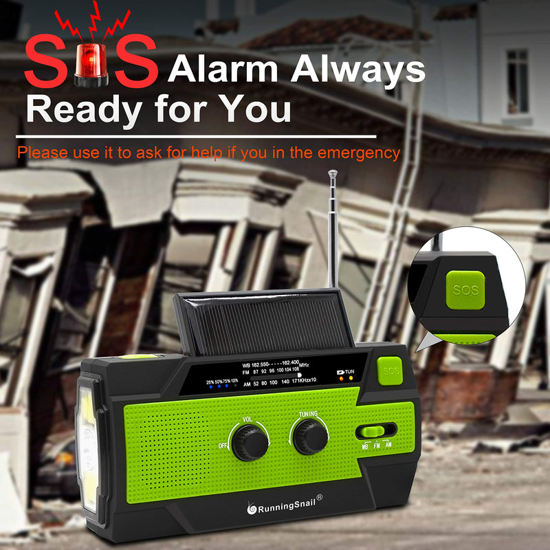 【2021 Newest】RunningSnail Emergency Crank Radio，4000mAh-Solar Hand Crank Portable AM/FM/NOAA Weather Radio with 1W Flashlight&Motion Sensor Reading Lamp，Cell Phone Charger, SOS for Home and Emergency Green