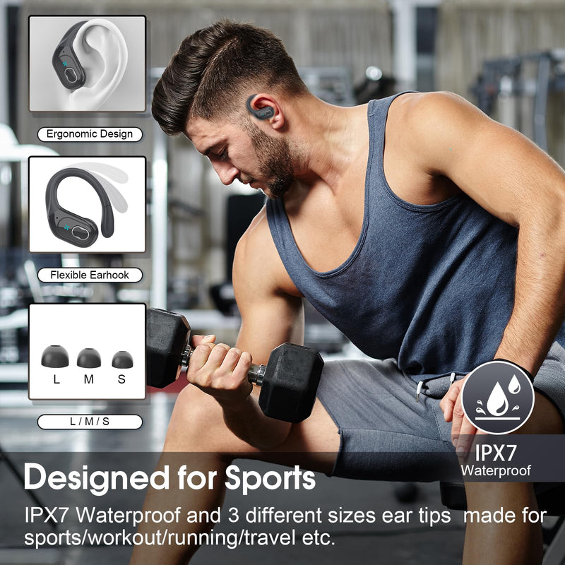 Aptkdoe Wireless Earbuds 75H Bluetooth 5.4 Sport Headphones with Earhooks | IPX7 Waterproof In-ear Buds Feature ENC Noise Cancelling Mic. Stereo Sound Device for Gym Running Workout, Iron Gray