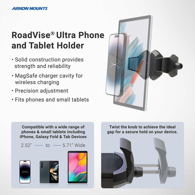 ARKON Mounts RoadVise® Ultra Phone and Tablet Holder for iPhone 14 13 12 Samsung Galaxy S22 S21 iPad mini Lenovo Tab M7 M8 RVKNAMPS