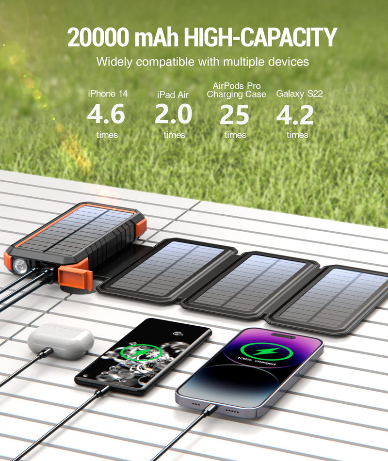 [AUSTRALIA] - BLAVOR 20000mAh Solar Charger Power Bank PD 18W QC3.0 Fast Charging with 4 Foldable Panels (Orange) Plus 3 in 1 Multi Charging Cable 4FT 