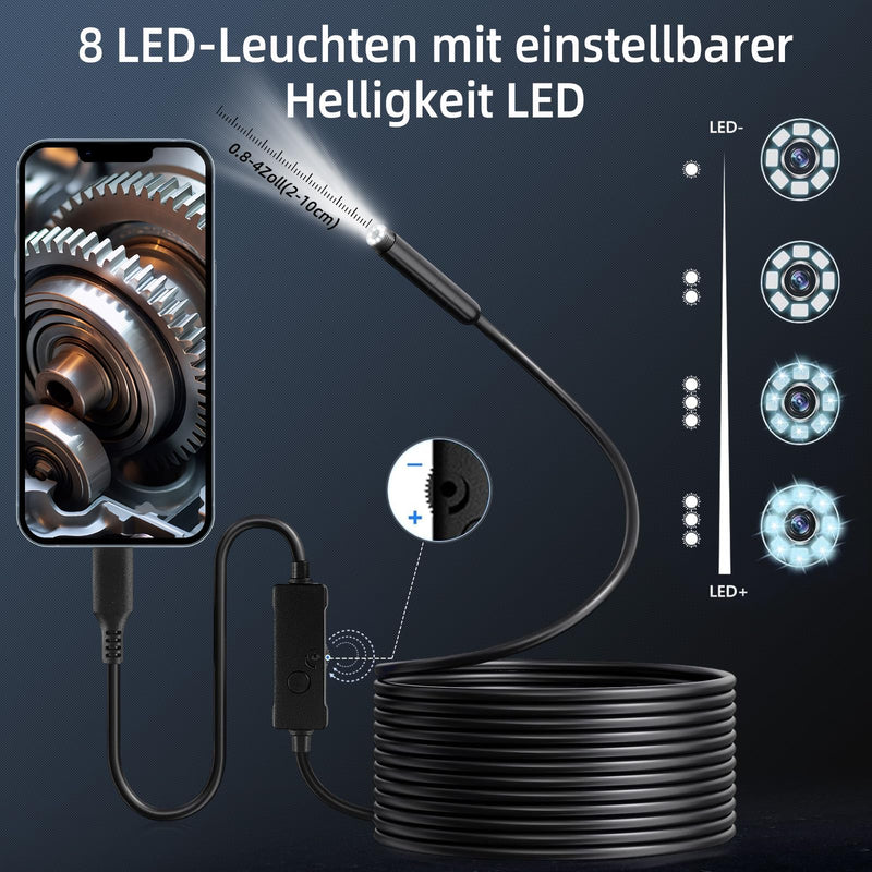 Endoscope Camera Mobile Phone Endoscope Camera with Light, 1920P HD Endoscope Camera, 5 m Inspection Camera with 8 LED Lights, IP67 Waterproof Inspection Camera, No WiFi, Tube Camera for Android, iOS