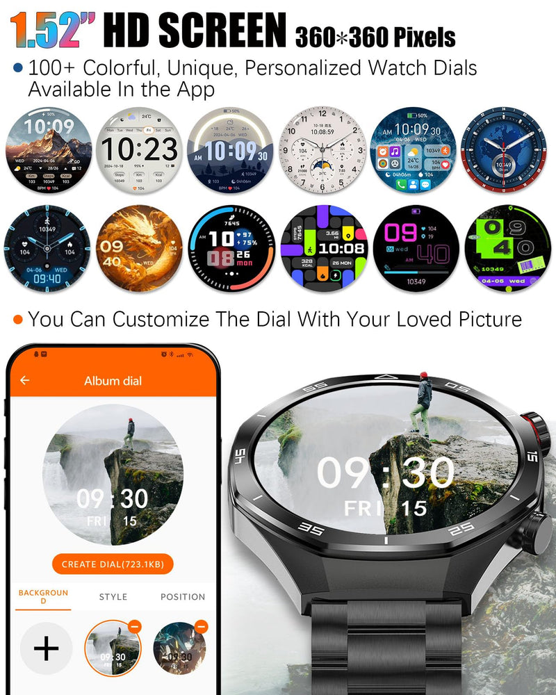 Men's Smart Watch 1.52" HD Touch Screen Sports Fitness Tracker with Bluetooth Calls IP67 Waterproof Smartwatch for Men 24/7 Heart Rate/Blood Pressure/Sleep Monitor, Support for Android iOS (Black) Black