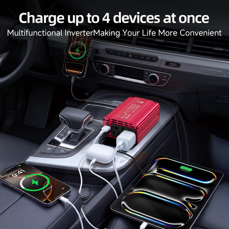 BESTEK 400W Car Power Inverter DC 12V to AC 110V Car Charger Plug Adapter | PD 30W USB-C & USB-A 3.0 Fast Charging, Car Charger Cigarette Lighter Adapter, Portable Outlet for Laptop, Road Trip, Camping Red