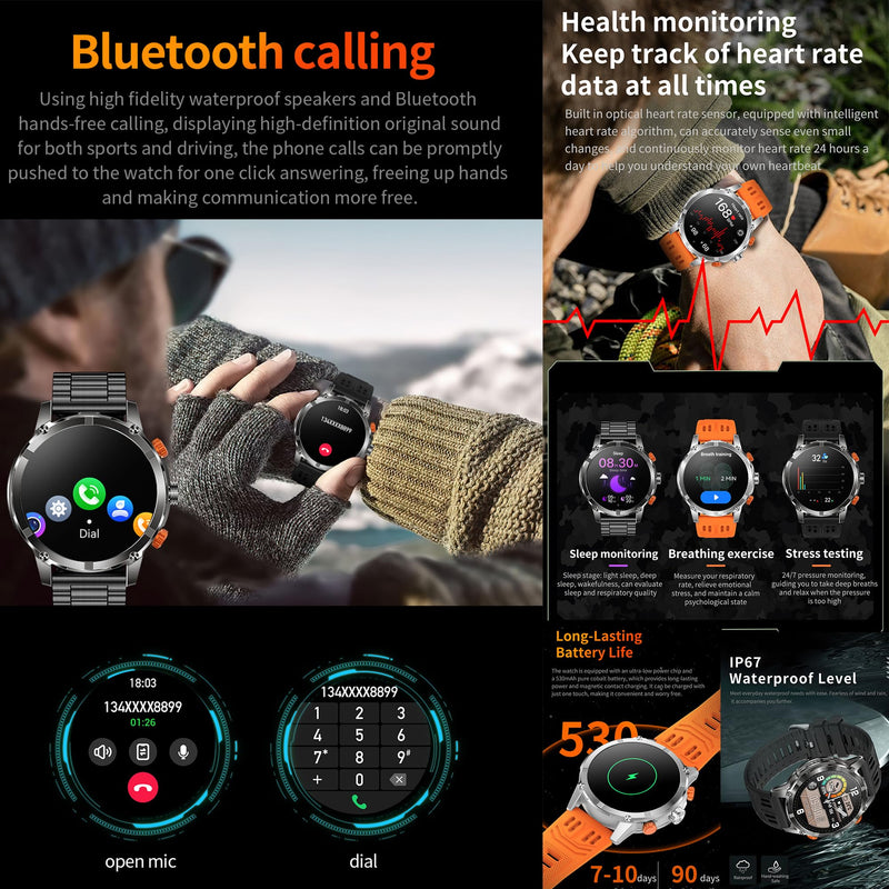 1.7" AMOLED Smart Watch for Men (Make/Answer Call), Mens Smartwatches with Flashlight, 710mAh Battery，Fitness Tracker Smartwatch for Android iPhones, Digital Watches Step Counter, 2 Straps (Silver) Silver