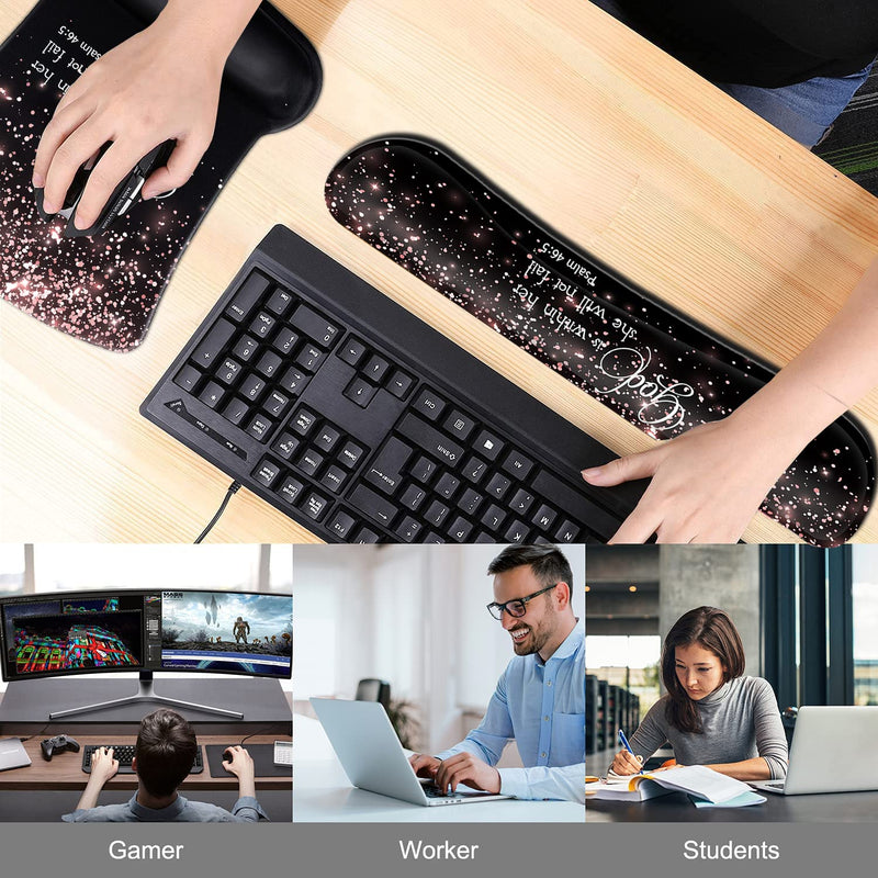 Keyboard Wrist Rest Pad and Ergonomic Mouse Pad Wrist Support Set Psalm 46:5 God is Within Her,She Will Not Fall Rose Gold Black for Gaming,Office,Comfortable and Pain Relief with Coaster Set Fd-wristrest-2-12