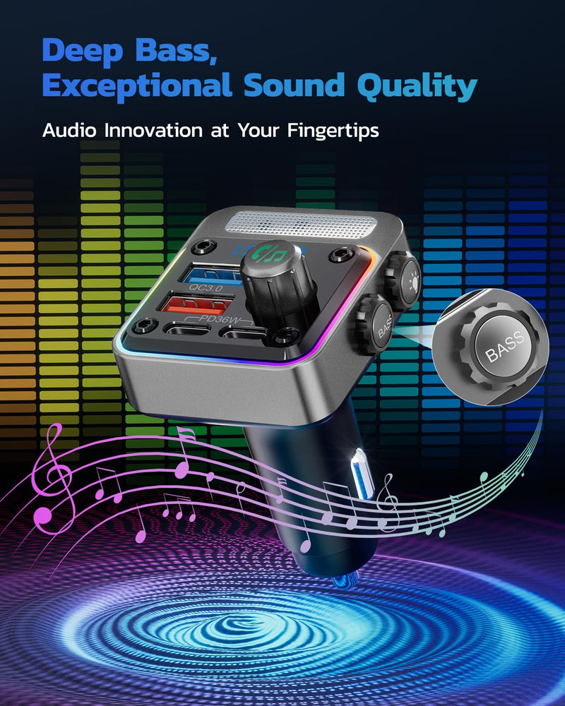 Nulaxy 54W Bluetooth 5.3 Car Adapter with 4 Charging Ports [PD 36W & QC3.0 18W], Wireless Radio FM Transmitter with Deep Bass Player & 5 Colors LED Backlit, Hands-Free Calling - Silver