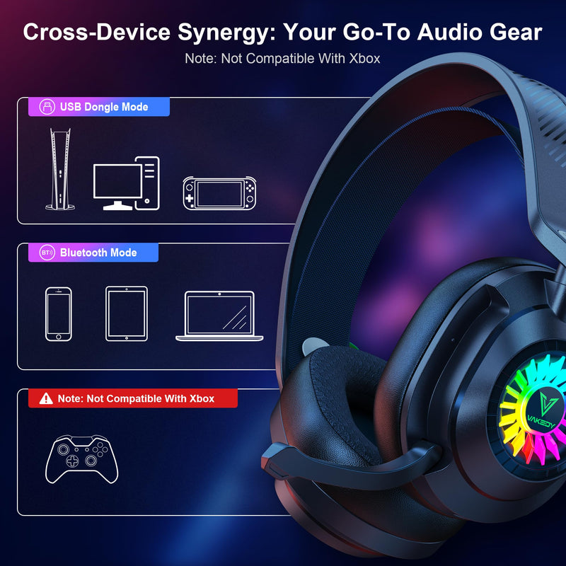 [AUSTRALIA] - Vakedy HW10 Wireless Gaming Headset for PS5, PS4, PC, Switch, Mac, 2.4GHz Wireless Gaming Headphone with Flip Noise Canceling Mic, 50H Battery, 50mm Drivers, RGB Lights (Cool Black) Cool Black 