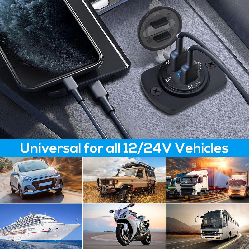 Linkstyle 2PCS 12V USB Outlet, Dual 18W QC3.0 USB A Ports Car Charger Socket with Botton Switch & Blue LED Voltmeter for 12V/24V RV Boat Truck