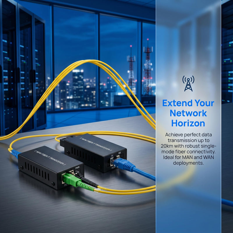 Gigabit Fiber Optical Media Converter Network Transceiver 100/1000Mbps | MINI; 1.25G; Auto-Negotiation, Single-mode; 20Km Transmission; SC/UPC,SC/APC to RJ45; US Power Adapter