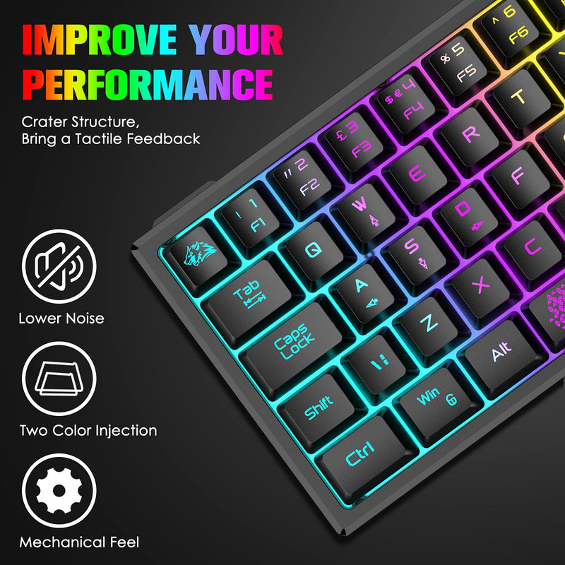 ZIYOU LANG K61 60% Gaming Keyboard Mini Portable with Rainbow RGB Backlit Ergonomic 62Key Layout 19Key Anti-ghosting Mechanical Feel Waterproof USB Wired for PC Mac Windows Gamer Laptop Typists(Black) Black