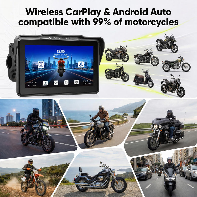 Rimoody 7-Inch Motorcycle Carplay Screen with Wireless Carplay Android Auto for Car, Bluetooth, Supports GPS Navigation, IP68 Waterproof, Detachable Mount, Tire Pressure Monitor, Voice Control 7 Inch Tire Pressure Detection