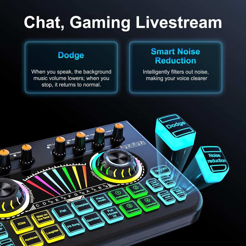 [AUSTRALIA] - Audio Mixer, Sound Board for Pc/Phone Live Streaming Gaming, Audio Interface for 3.5mm/6.35mm Dynamic Microphone, Live Sound Card with Voice Changer, Denoise, Lead Singing Podcast Mixer 