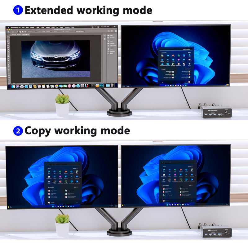 KVM Switch 2 Monitors 2 Computers DisplayPort 8K @60Hz, USB 3.0 KVM Switches for 2 Computers Share Dual Monitor and 4 USB Devices, DisplayPort KVM with Wired Controller Support Extend/Copy Mode