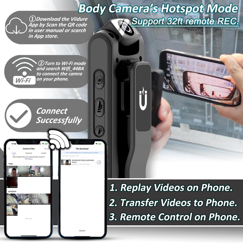 Body Camera with Audio & Video Recording- 64GB 1080P HD Police Cop Cam for Outdoor Law Enforcement Guard Travel Cameras- With Magnetic Clip Flashlight 6HR Battery Recorder (Black No Lanyard) Black 128G
