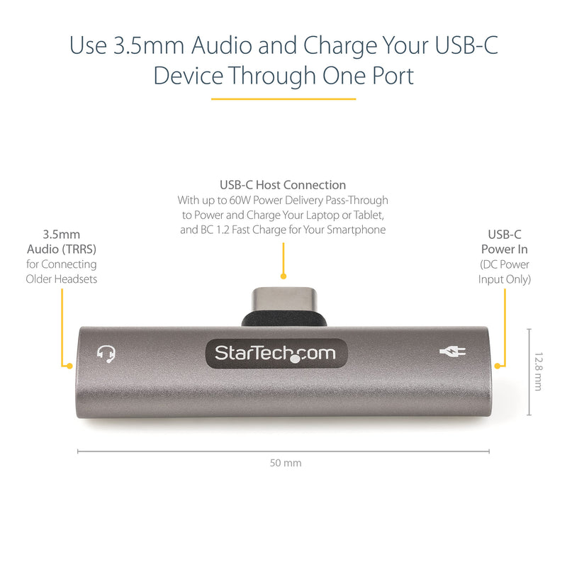 StarTech.com USB C Audio & Charge Adapter - USB-C Audio Adapter w/ 3.5mm TRRS Headphone/Headset Jack and 60W USB Type-C Power Delivery Pass-through Charger - For USB-C Phone/Tablet/Laptop (CDP235APDM) w/ 3.5mm audio + 60W Charge