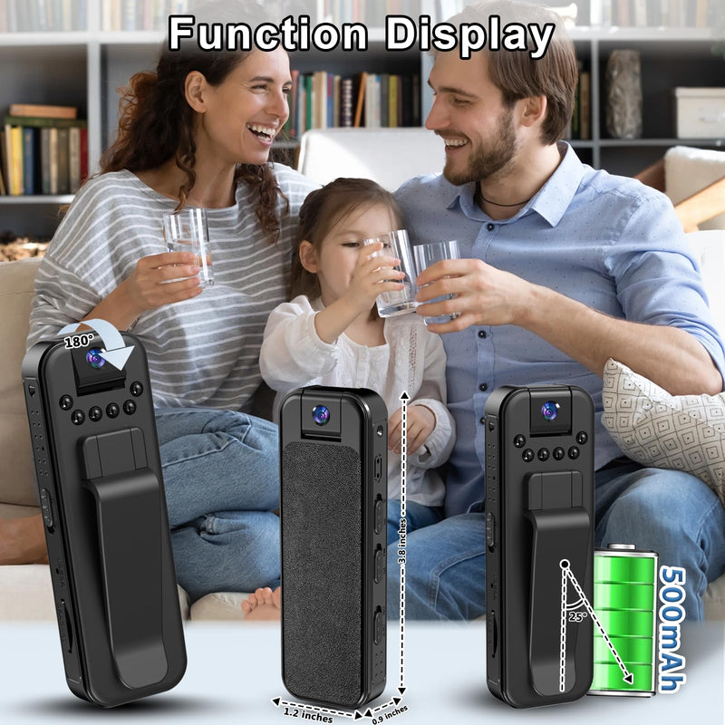 Mini Body Camera with Audio and Video Recording, 1080P Camcorder with Night Vision, 180° Ratatable Lens, Sturdy Clip for Cycling Law Enforcement Recording up to 128GB SD Card (Not Included)