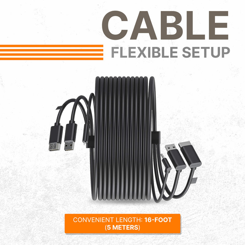 Skywin 3 in 1 Round HTC Vive Compatible Cable - 5 Meters / 16 Feet - Black | Replacement 3 in 1 Connection Cable for HTC Vive Headset and Linkbox 5 Meter