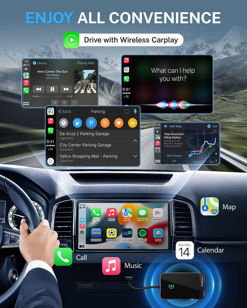 Wireless CarPlay Adapter for Apple iPhone (2024 Upgraded) - Multi-User Seamless Connection for Convert Wired to Wireless Car Play Adapter - No Latency from iOS 10+ to Screen w/USB C (Gray) Gray