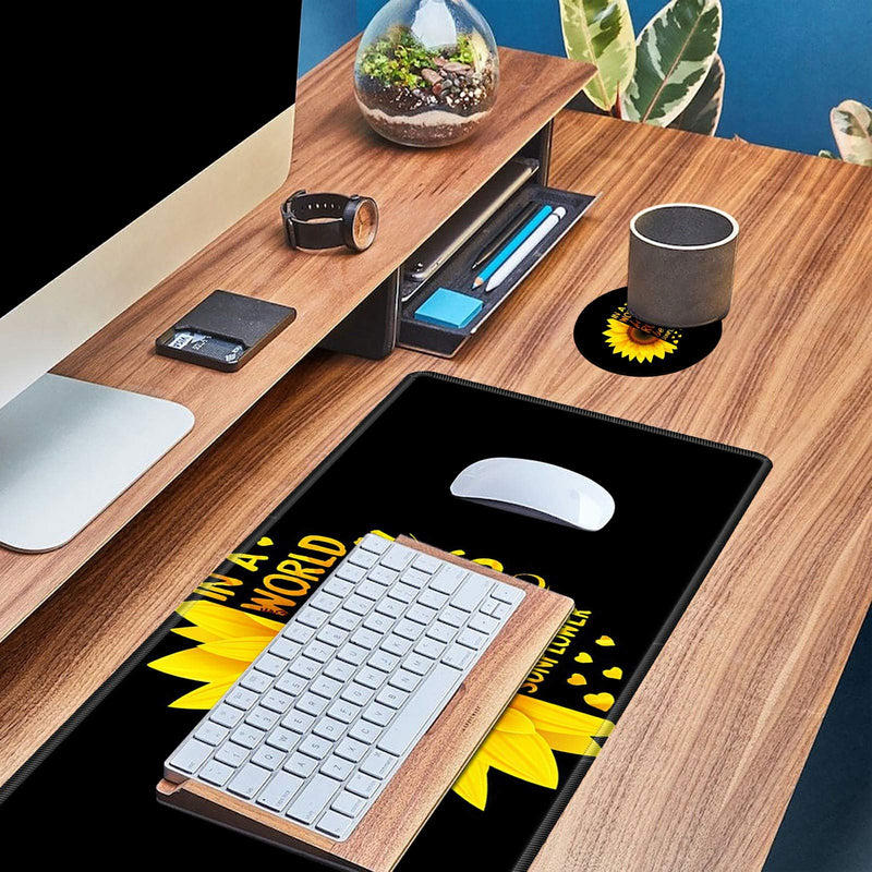 Desk Pad Mat Large Mouse Pad XL Extended Mousepad Gaming with Sunflower Black 31.5" 11.8" Huge Mouse Pads for Computer Laptop Home Office + Cup Coaster and Cute Stickers