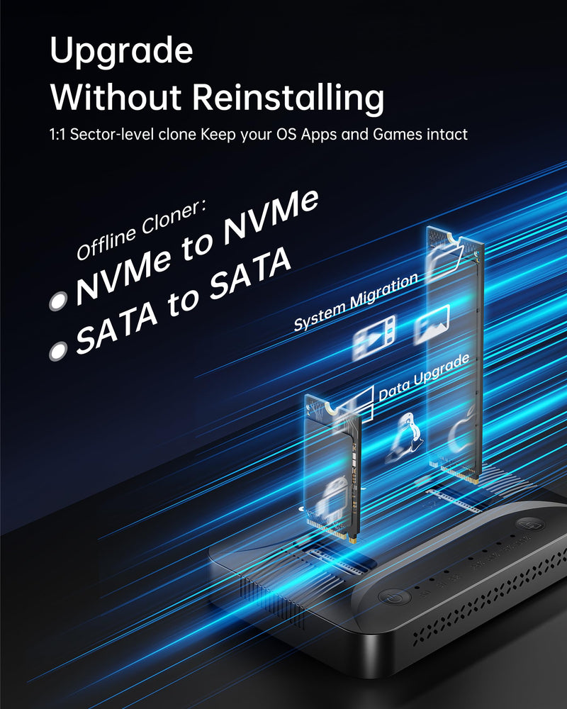 Dual-Bay M.2 SSD Cloner Dock for PC Storage Upgrade Tool-Free 16TB | Offline Duplicator M2 Reader Adapter NVMe SATA Copier Enclosure 10Gbps USB-C Supports 2230-22110 RGB Light System Migration