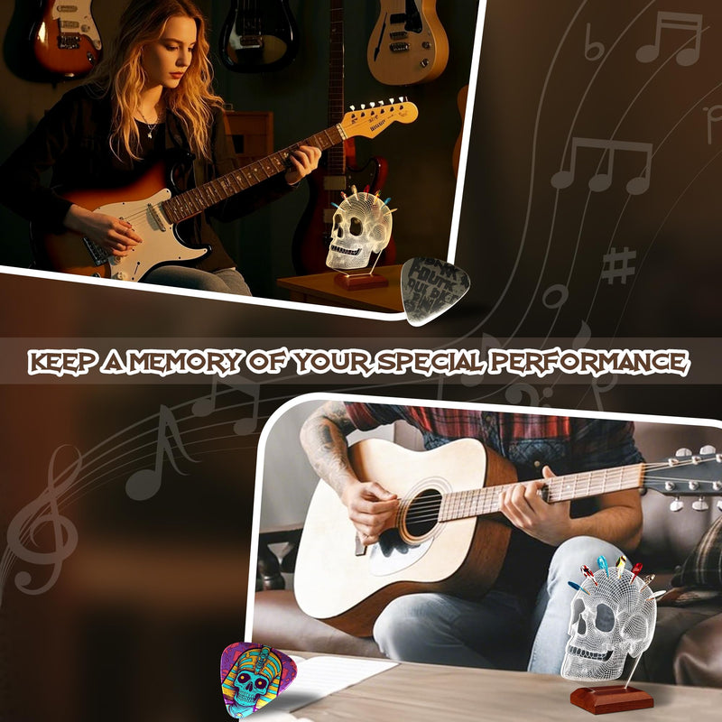 Light Up Guitar Pick Holder, Acrylic Skull Pick Holder with Wooden Base for Picks Storage and Display, Gift for Guitar Players Guitarists