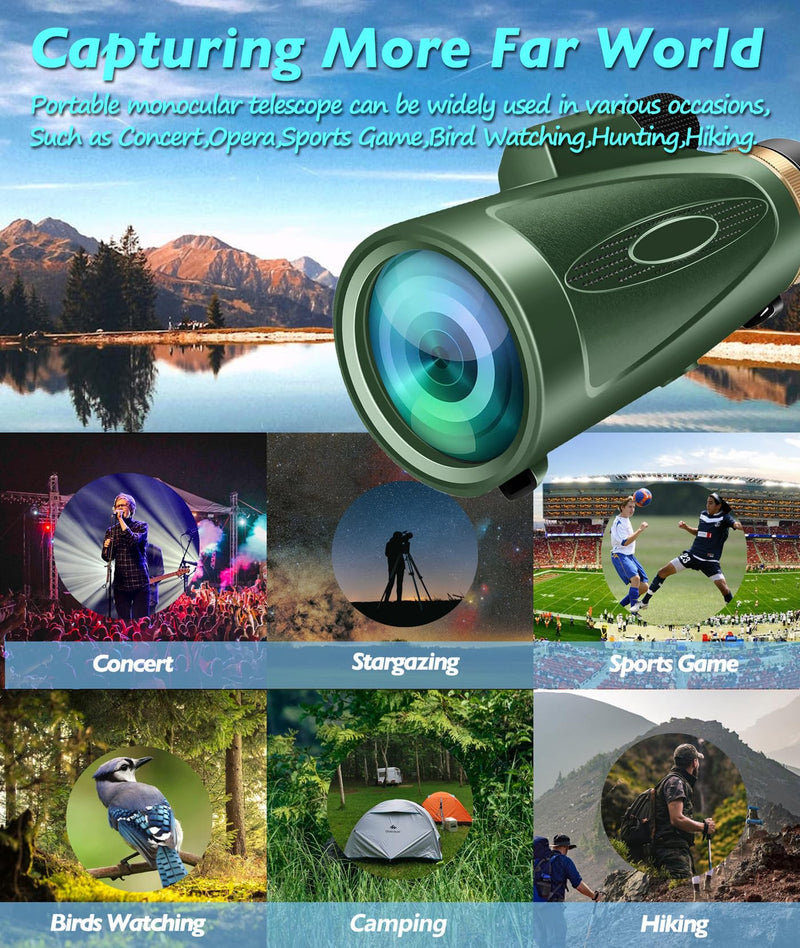 Monocular-Telescope 80x100 HD for Adults Larger Vision Monoculars High Powered Smartphone Monocular for Bird Watching Hunting Hiking Camping Wildlife Green