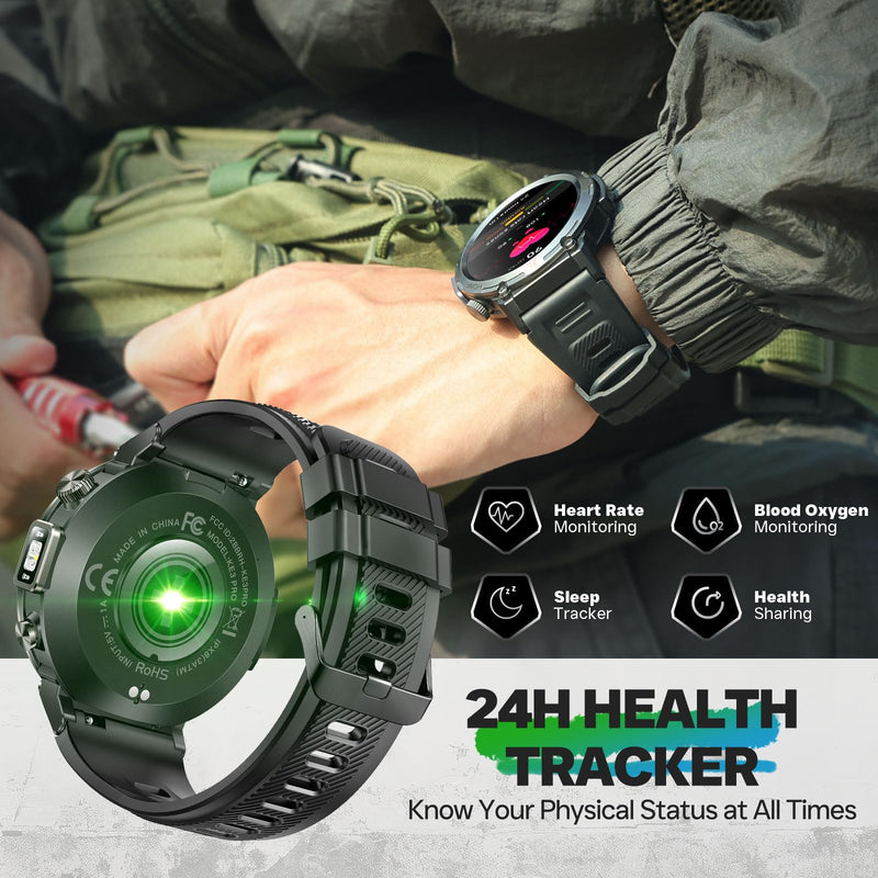 Military Smart Watch for Men, GPS Watch with Flashlight 3ATM Waterproof | Rugged Tactical Smartwatch with Bluetooth Calling Compass 1.45'' HD Sports Watch Fitness Watch Compatible with iPhone Samsung BK