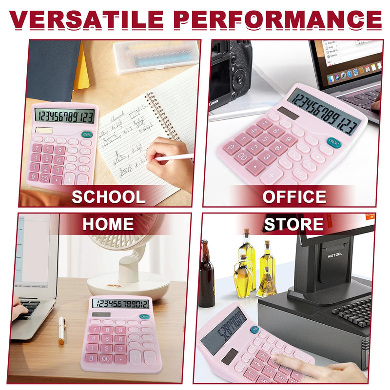 Basic Calculator with Comfortable Large LCD Display, 12 Digits Calculators Desktop, Tilt Screen, Big Button, Desk Calculator with Dual Power (Solar & Battery Included) (Pink) Pink