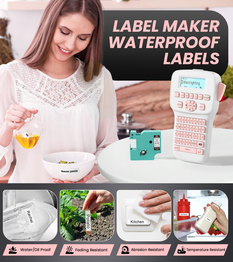 [AUSTRALIA] - Rechargeable Label Maker, Pink Label Maker with Keyboard, Handheld Label Maker Machine with Bluetooth Backlit Large Display LM1600, Portable Labeler for Home & Office Organization School 
