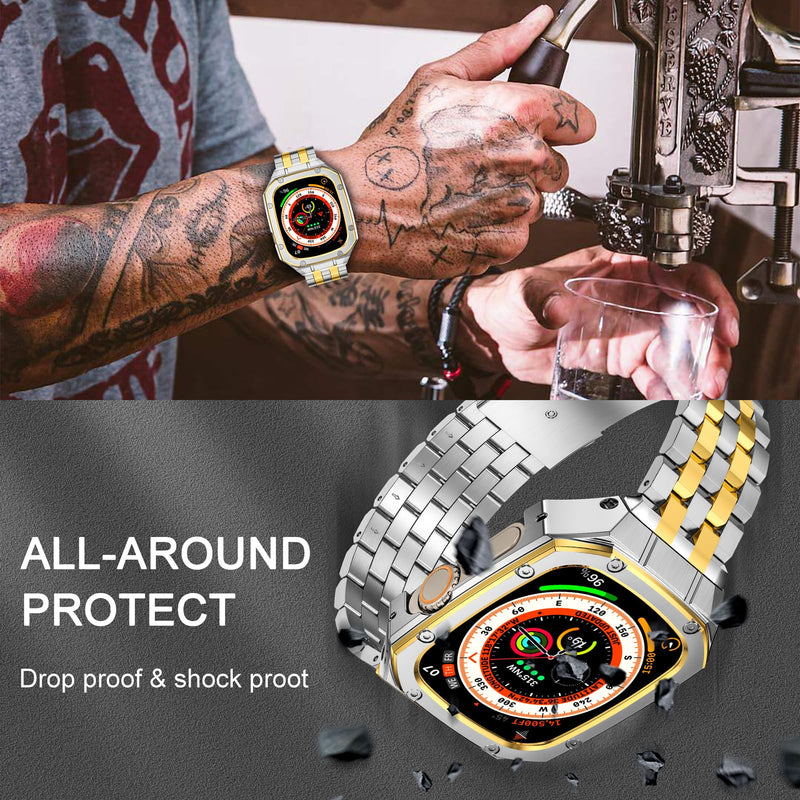 MioHHR Metal Band with Case Compatible with Apple Watch 49mm Band for Men | Rugged Metal Bumper Cover with Bands for iWatch Series Ultra 3, Ultra 2, Ultra 1, Silver/Gold Silver/Gold (Ultra) 49mm(Ultra 3/2/1)
