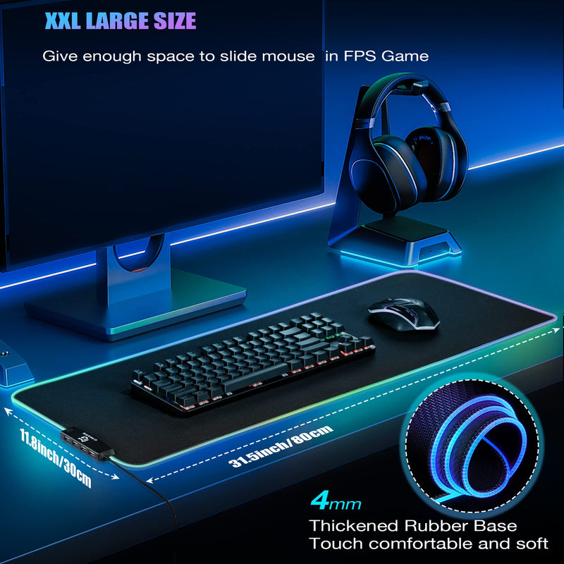 Gimars RGB Gaming Mouse Pad with 4 USB Hubs, 15 LED Light Modes Mouse Pad, Extra Large，Non-Slip Rubber Base, Waterproof Desk Pad for Desk Laptop Computer, PC Games, Office Black-RGB+Usb Port