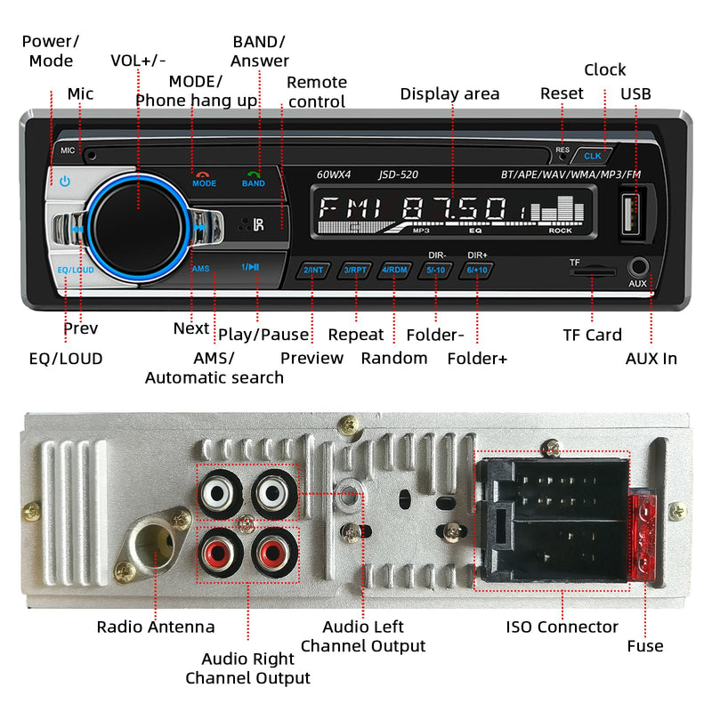 [AUSTRALIA] - JSD-520 Car Stereo Audio Single Din Bluetooth Handsfree FM Radio Receiver USB Charging/MP3/AUX/TF, No CD Player 