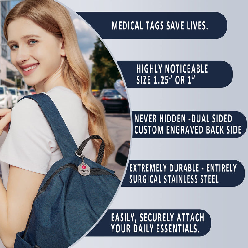 Divoti EpiPen Inside Bag Tag 1.25" with Quick Clip | Pre-Engraved, Dual-Sided & Bold Lettering - Stainless Steel & Heavy-Duty Construction - Medical Alert ID Tag for Emergency 1 Unit: Stainless Steel / Dual-sided 1.25" Quick Clip