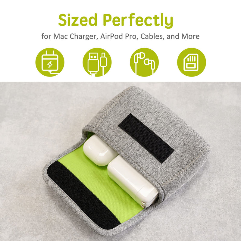 QUESTON Storage Pouch Bag Cases for Accessories MacBook Laptop Power Adapter, Wireless Mouse, iPhone Chargers, Cellphone, Power Bank, Cord, Travel Cable Electronic Organizer Small Light gray/green
