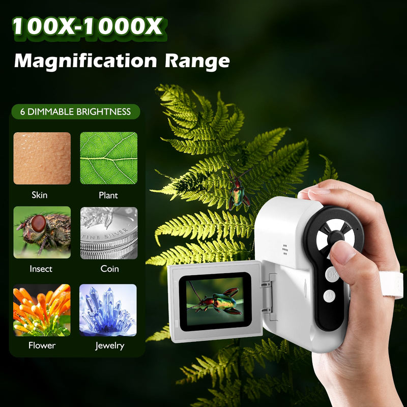 Pocket Microscope for Kids, 2'' LCD Screen 32G 100X-1000X Handheld Microscope with 6 LED Lights, Birthday Gifts for Kids 6 7 8 9 10 11 12 Boys Girls