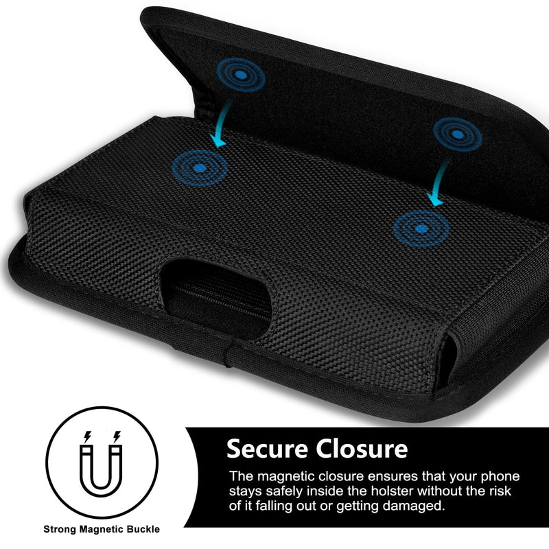 ykooe Rugged Nylon Holster for iPhone 15, 15 Pro, 14, 14 Pro, 13, 13 Pro, 12, 12 Pro, 11, 11 Pro, XR, Galaxy S24, S23, S22 Cell Phone Belt Holder for Men, Black - L