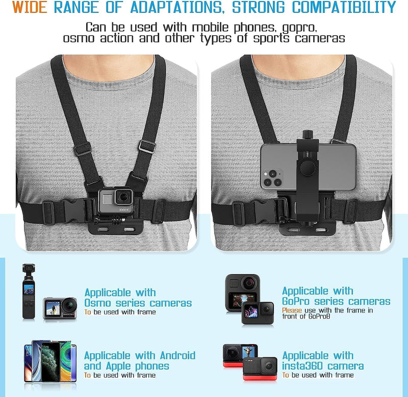 Mobile Phone Chest Mount Harness Strap Cell Phone Holder Mount for Video Recording Bike/Kayak/Fishing/Skateboard POV/VLOG for iPhone/Samsung for GoPro Hero 11 10 9 8/Insta360/DJI Action Camera, Black