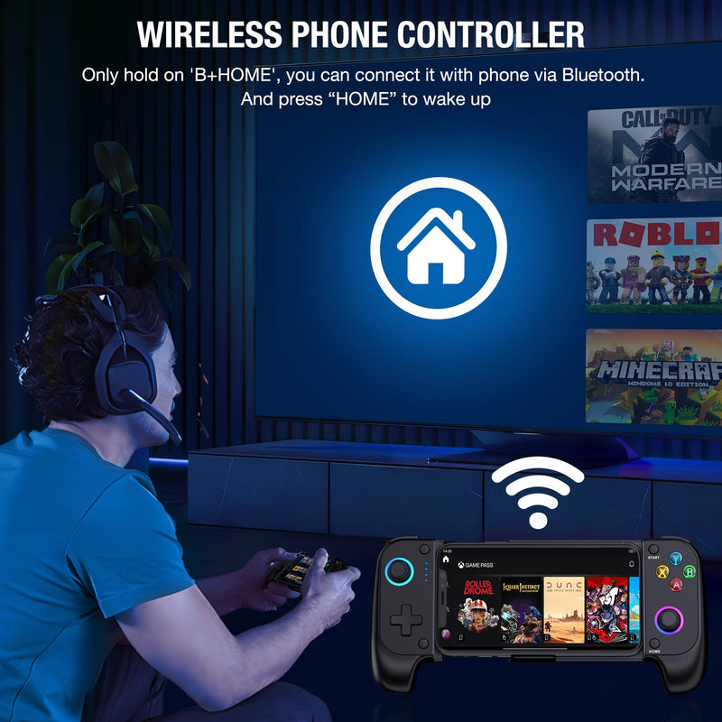 Mobile Game Controller for iPhone and Android with RGB Light, Wireless Phone Controller with Phone Case Support Turn Your iPhone into a Gaming Console Play PS Remote Play, Xbox Cloud and More Use as Mobile Game Controller
