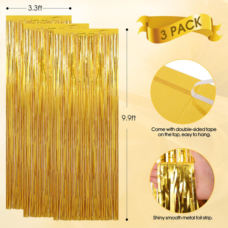 Birthday Party Decorations: 3 Pack 3.3 x 9.9 ft Gold Foil Fringe Curtains Party Supplies, Tinsel Curtain Backdrop for Parties/Birthday/Photo Booth