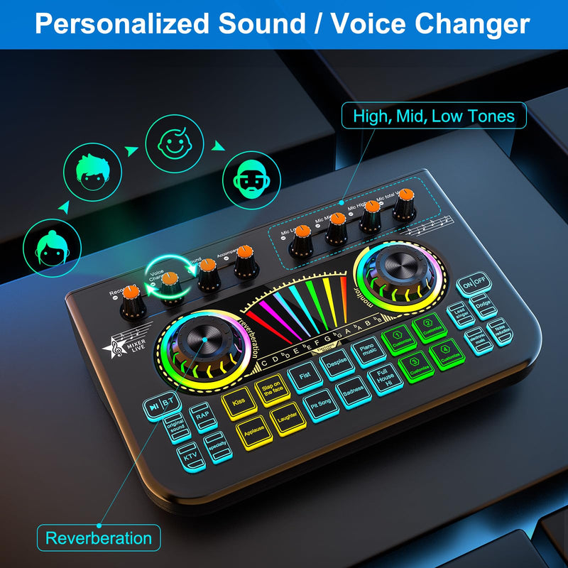 [AUSTRALIA] - Audio Mixer, Sound Board for Pc/Phone Live Streaming Gaming, Audio Interface for 3.5mm/6.35mm Dynamic Microphone, Live Sound Card with Voice Changer, Denoise, Lead Singing Podcast Mixer 
