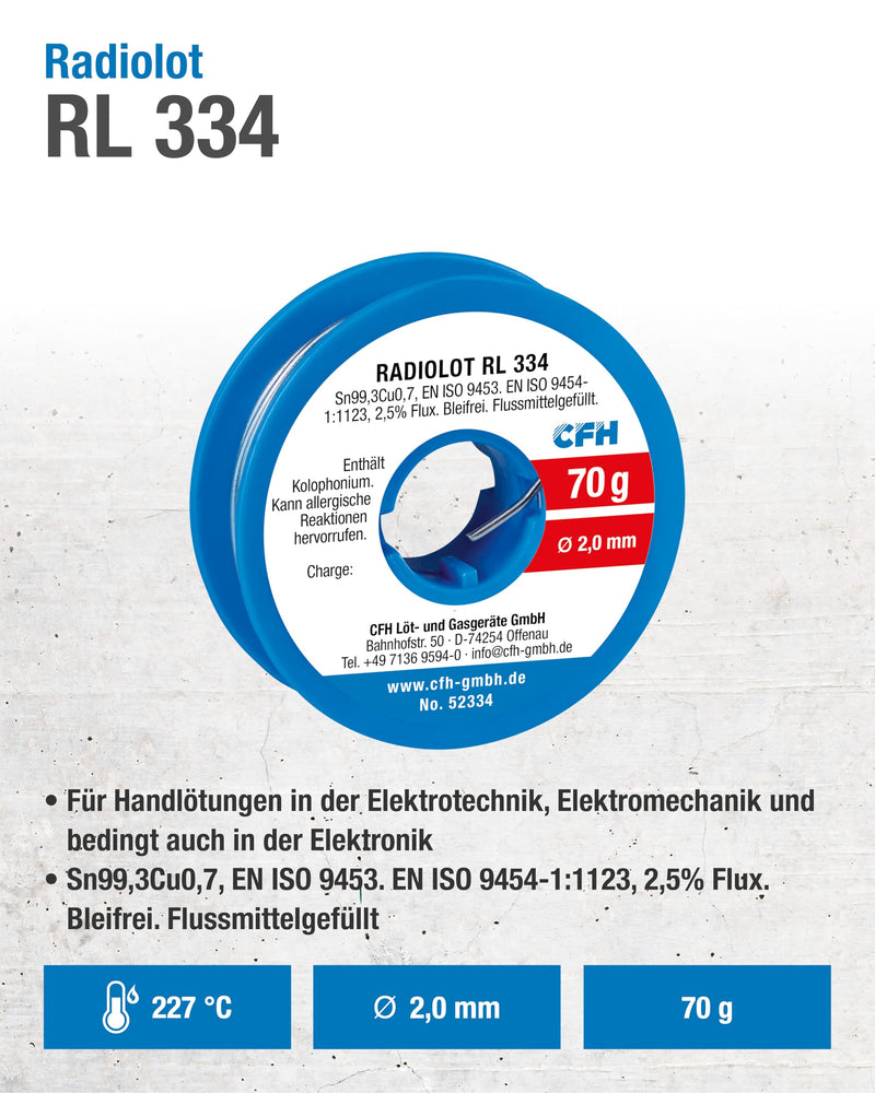 CFH Radiolot RL 334 – Solder Diameter 2.0 mm, 70 g, Flux Filled, Lead-Free, Solder for Fine Soldering, Plumbing, Telecommunications Construction and General Soldering, High Quality, Made in Germany