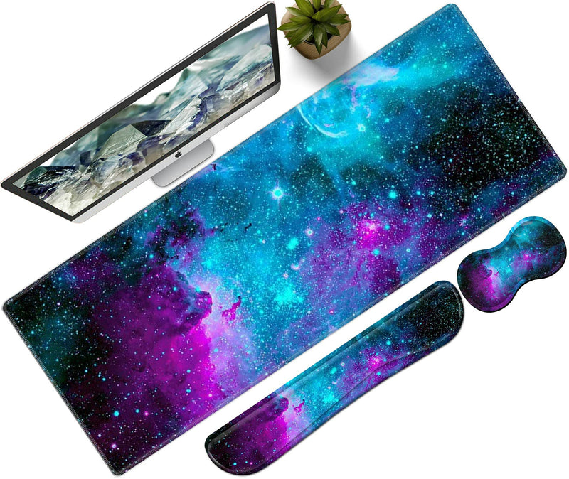 Pretty Mouse Pad and Gel Wrist Rest Set, Extended Desk Mat (31.5" x 11.8") with Memory Foam Ergonomic Keyboard Pad, Large Gaming Mouse Pad Non-Slip Easy Typing for Home Office, Milky Way Galaxy Stars XL-31.5"x11.8"x0.12"