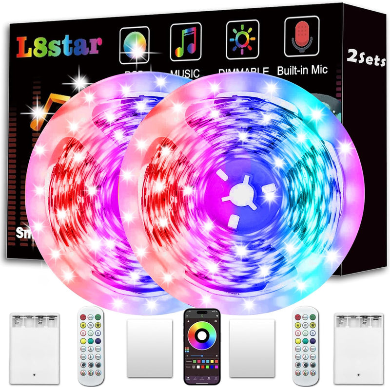 L8star Battery Powered Led Strip Lights, 2x16.4Ft (32.8Ft),Two Sets of Strip Light with 4 AA Battery Box/USB RGB LED Lights, Remote and APP Control 2x13Ft