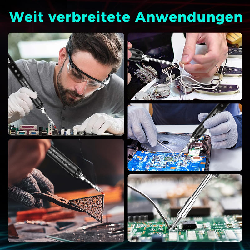 Voktta USB Rechargeable Soldering Iron with LCD, Battery Soldering Iron Set, Ceramic Heating Core, Adjustable Temperatures 200-450°C, with 3 Soldering Tips, It is for Repairing Circuit Boards etc