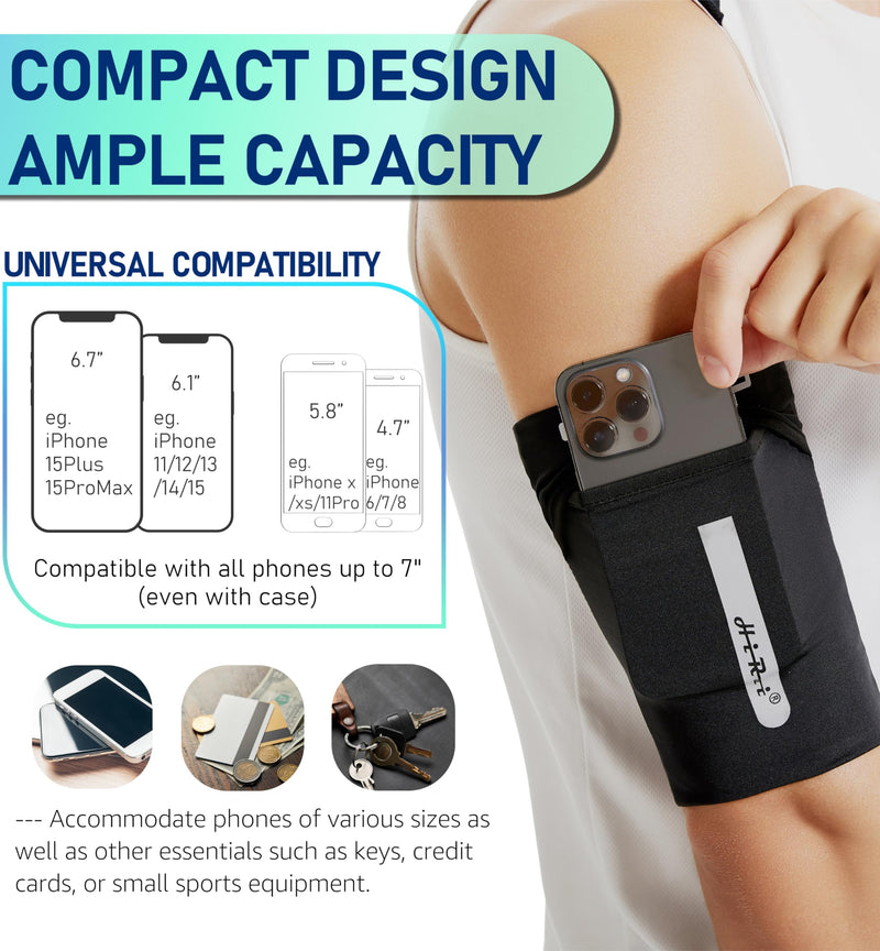 HiRui Running Armband Sleeve Universal Sports Armband Cell Phone Holder Armband for Exercise Workout, Compatible with iPhone 15/14/13/Plus/Pro Samsung Galaxy All Phones (M, Black) M