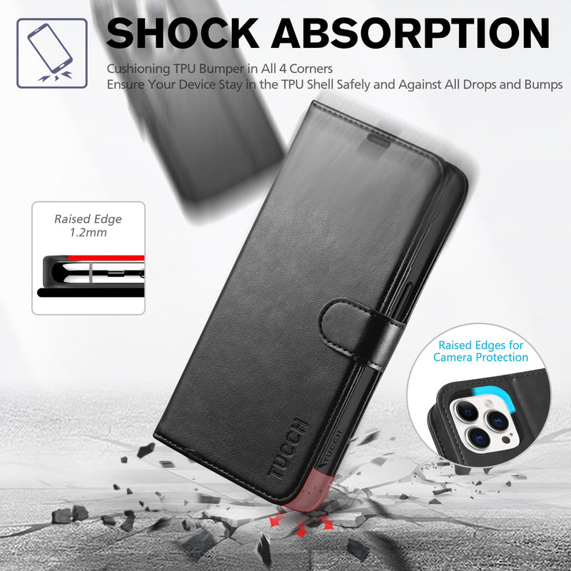 TUCCH Case for iPhone 15 Pro Wallet Case, RFID Blocking [4 Card Holder] Kickstand [Shockproof TPU Inner Shell] PU Leather Magnetic Protective Flip Cover Compatible with iPhone 15 Pro 6.1" 2023, Black